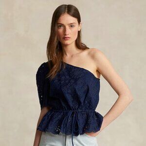 NWOT Polo Ralph Lauren One Shoulder Eyelet Linen Top in Navy Blue Size 2